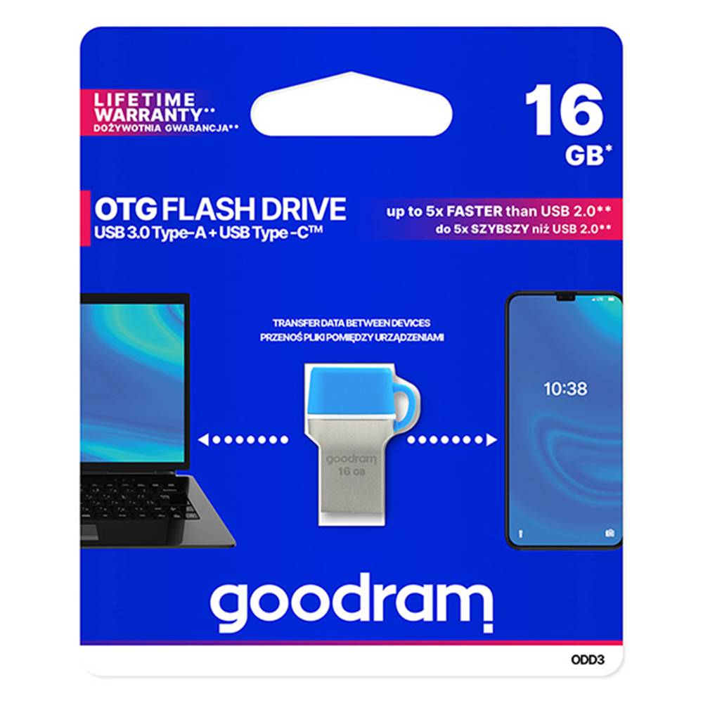 GOODRAM Goodram USB flash disk OTG, USB 3.0, 16GB, ODD3, modrý, ODD3-0160B0R11, USB A / USB C, s krytkou, značky GOODRAM