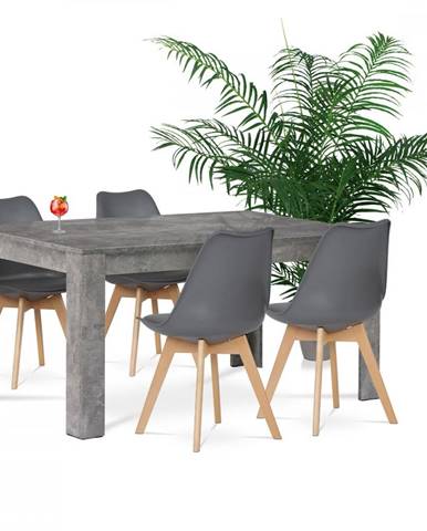 AUTRONIC URAN Jedálenský set 1+4, stôl 160x90 cm, MDF, dekor betón, stolička sivý plast, sivá ekokoža, nohy masív buk, prírodný odtieň