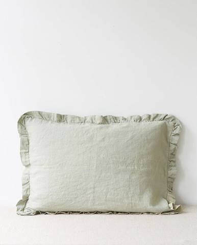 Svetlozelená ľanová obliečka na vankúš s riaseným lemom Linen Tales, 50 x 60 cm